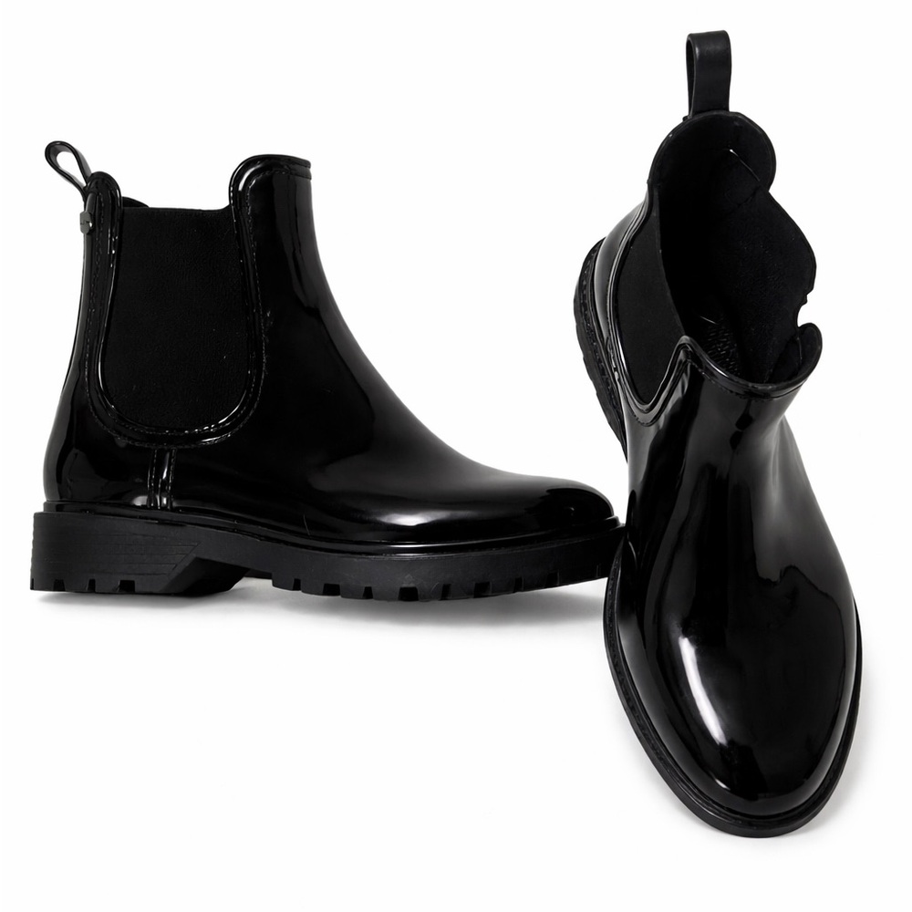 ALDO Black Patent Chelsea Boots Size 38 (US 7.5–8) Lug Sole Rain Boot Style
